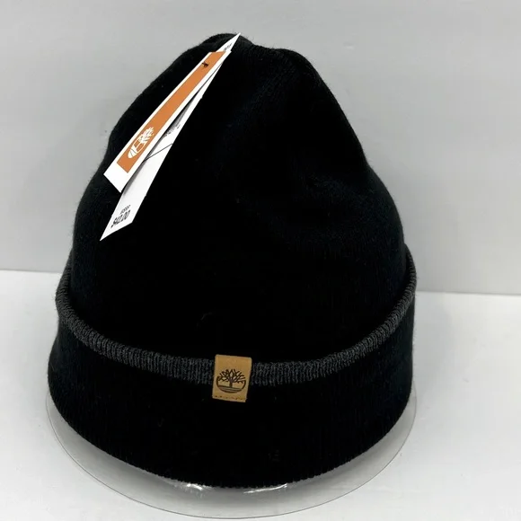 TIMBERLAND BLACK BEANIE, UNISEX, ONE SIZE FITS ALL, BEANIE WITH GREY ON THE CUFF - Picture 2 of 15